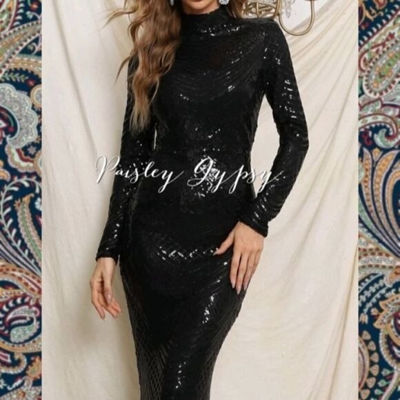 Stunning Evening Gown Mermaid Style in Sparkling Black Etched Geometric … - Picture 5 of 16